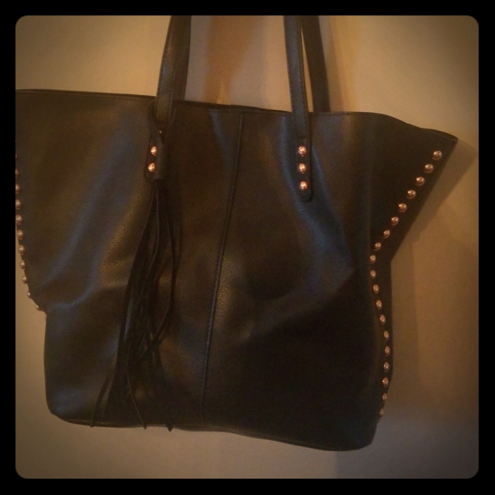 Large black tote with rose gold stud detail